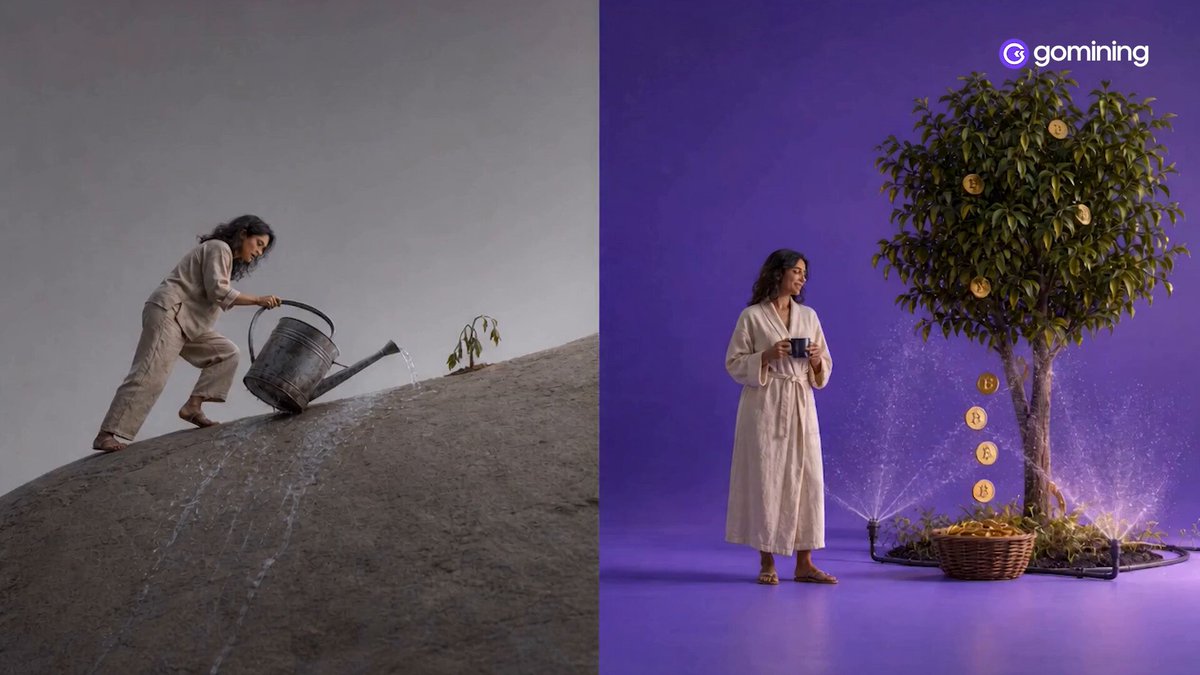 The image consists of two contrasting scenes, one of a woman using a watering can uphill, with a bucket full of coins falling from above, and another scene featuring a tree laden with coins next to an oil lamp. These two scenes are placed side by side in relation to each other. The first scene depicts the struggle or challenge faced by someone trying to collect coins from a high place; while the second scene portrays abundance and wealth, represented by the tree filled with coins.