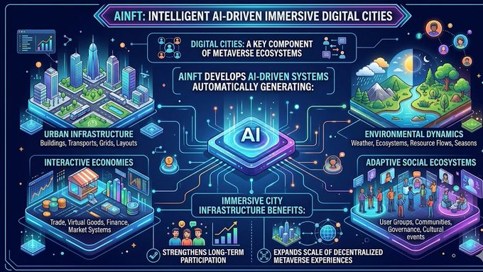 This image displays a detailed graphic explaining intelligent AI-driven immersive digital cities, such as those found in the Metaverse ecosystem. The graphic features a large blue cube at the center, which serves as the core component of this AI-driven system. Surrounding the main element is an array of smaller cubes and icons that represent various aspects of urban infrastructure, eco-friendly development systems, and social engagement opportunities within these digital cities. The image's title "AINFT intelligent AI-driven immersive digital cities" indicates its association with intelligent AI technology driving immersive experiences in the context of the Metaverse.