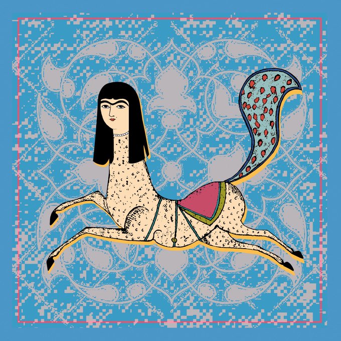 A colorful Persian-style illustration depicts a woman with dark hair riding a spotted mythological creature on a vibrant blue patterned background.