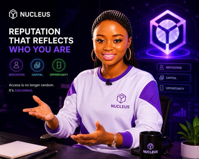 A promotional image for 'NUCLEUS' features a smiling woman in a purple and white sweatshirt, with text stating 'REPUTATION THAT REFLECTS WHO YOU ARE' and 'Access is no longer random. It's calculated.'