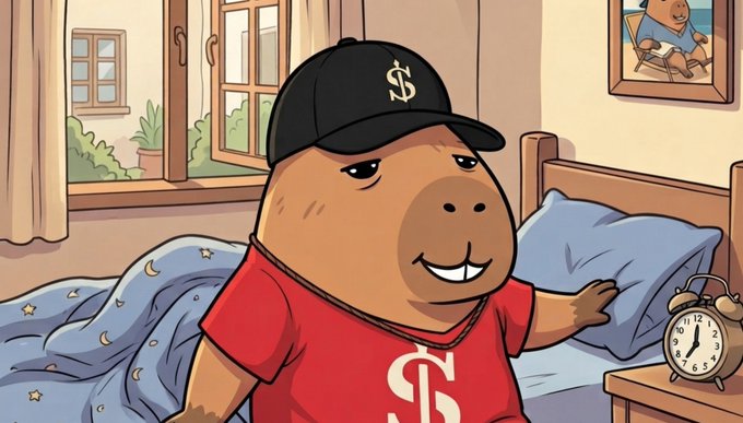 A cartoon capybara wearing a black cap and red shirt, both featuring a dollar sign ($) logo, stands next to a bed with a starry blue blanket and a nightstand clock. The image appears to playfully reference wealth and financial themes, complementing the post's discussion about real-world asset visibility and the shipping industry.