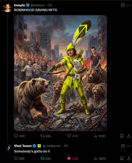 A tweet from Beeple (@beeple) posted 12 hours ago features his artwork titled "ROBINHOOD SAVING NFTS," depicting a figure resembling Vlad Tenev in green attire surrounded by bears, crowds, and rubble, holding a cat. Vlad Tenev (@vladtenev) replied "Somebody's gotta do it," referencing the Cash Cats NFT collection mentioned in the caption.