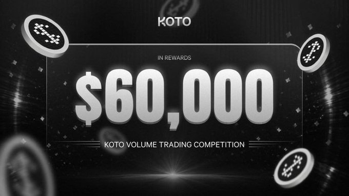 A promotional graphic for "KOTO" featuring "IN REWARDS $60,000" and "KOTO VOLUME TRADING COMPETITION" text in a sleek black and silver design.