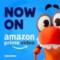 A promotional image featuring the Sesame Street character Elmo alongside the text 'NOW ON amazon prime video' on a blue background.