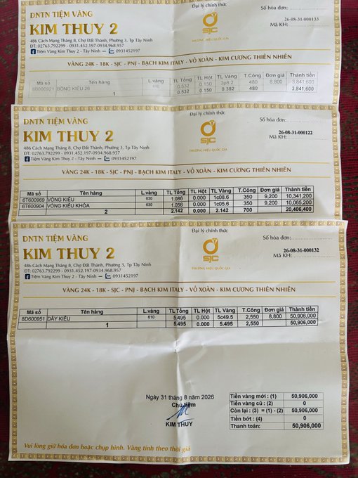 Three gold purchase receipts from 'KIM THỦY 2' (Kim Cuong Thiên Nhiên) in Vietnam, dated 31-08-2026, totaling 50,906,000 VND for various gold jewelry items.