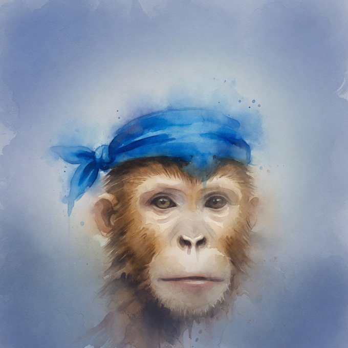 The image features a cartoon monkey wearing a blue bandana, which appears to be a part of a watercolor painting or illustration style. The monkey's face is prominently displayed against a light blue background with some splatters around it. The caption below the image reads "Early morning CT It' s weekend. Touch some grass Check out your most bullish projects for the latest updates if any."