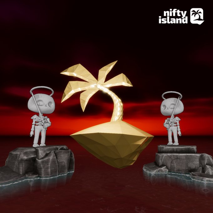 The image showcases two pixelated character figurines with halos standing on rocky outcrops flanking a floating golden island with a palm tree, set against a dark red background, with the "nifty island" logo in the top right—visually representing the Nifty Island game where players compete for prizes like SkeleFrenz NFTs, Legendary Pistols, and ApeCoin.