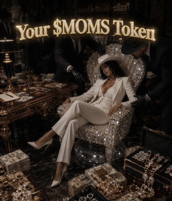 The image features a woman in a white pinstripe suit reclining on a crystal-embellished throne surrounded by stacks of cash, gold bars, and jewels, with the title "Your $MOMS Token" displayed in golden text at the top. Two men in black suits and hats attend to her, evoking a luxurious, mob-boss aesthetic that aligns with the post's promotion of the $MOMS cryptocurrency token on the Solana blockchain.