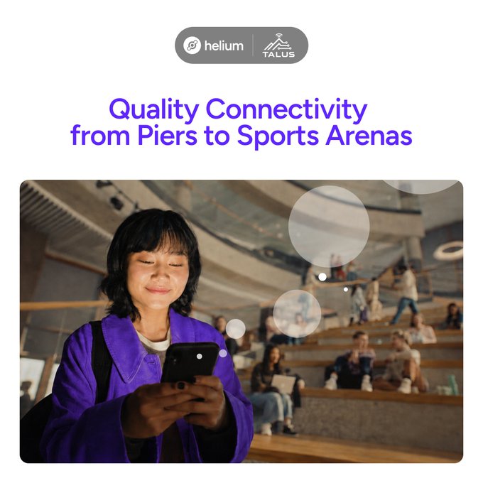 The image promotes a partnership between Helium and Talus, headlined "Quality Connectivity from Piers to Sports Arenas," and shows a smiling young woman in a purple jacket using her smartphone inside a multi-level public venue, visually illustrating how Helium-enabled Wi-Fi infrastructure (rather than large cell towers) can deliver reliable mobile coverage in crowded indoor spaces like the one pictured.