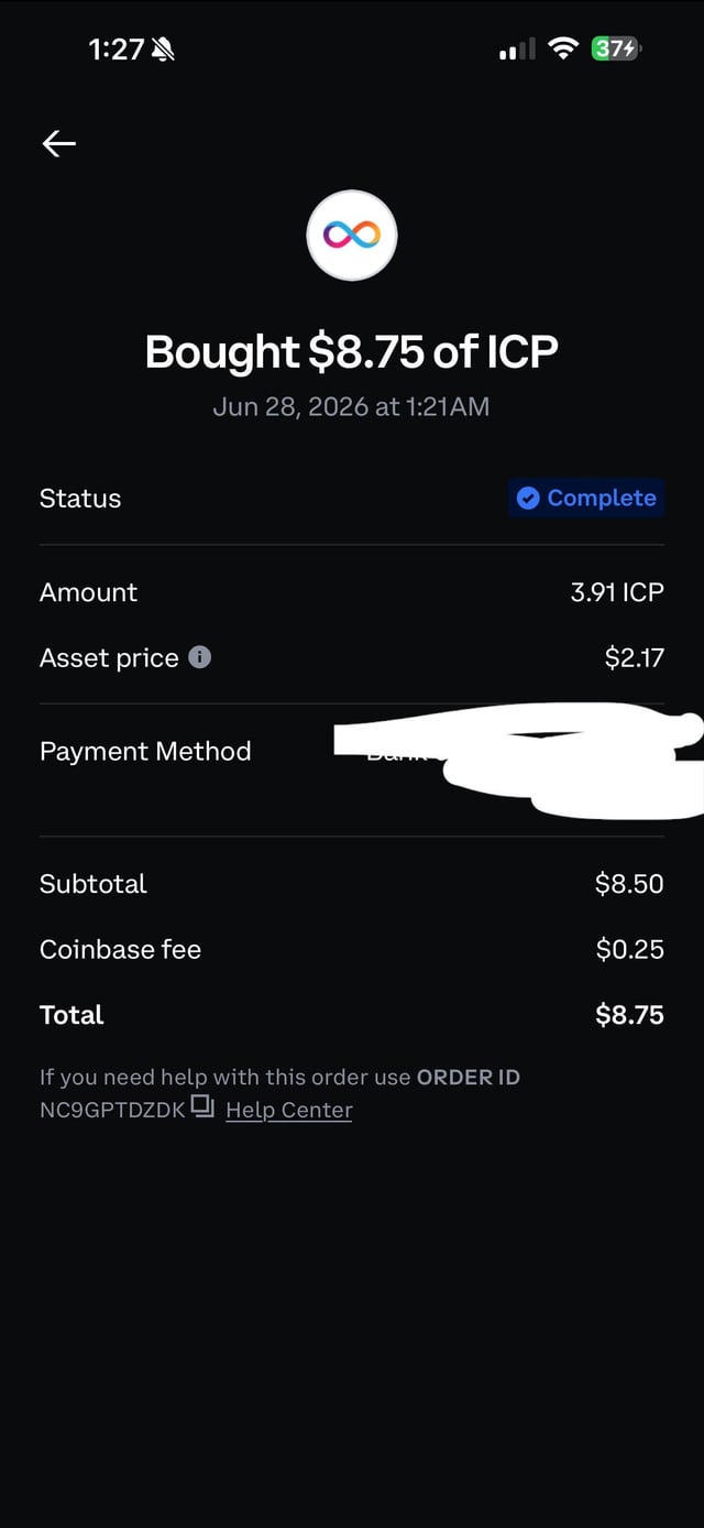 A Coinbase transaction confirmation showing a completed purchase of 3.91 ICP at $2.17 per token, totaling $8.75 including a $0.25 fee. The image supports the post's claim of making a calculated investment in ICP, reinforcing the user's confidence in the cryptocurrency while others overlook it.