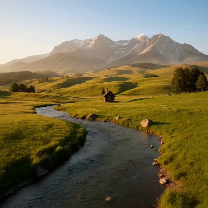 The image features a picturesque scene of a small cabin nestled near a river surrounded by lush green fields. The cabin appears to be made from wood, blending harmoniously with its natural surroundings. In the background, majestic mountains rise up against the sky, adding depth and grandeur to the landscape. The photo is taken from an aerial perspective, providing a comprehensive view of this serene countryside setting.