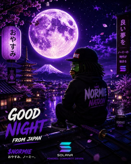A stylized 'Good Night from Japan' artwork featuring a character in a 'NORMIE NATION' hoodie looking at a purple moon over Mt. Fuji and traditional Japanese scenery, branded with SNORMIE and Solana logos.