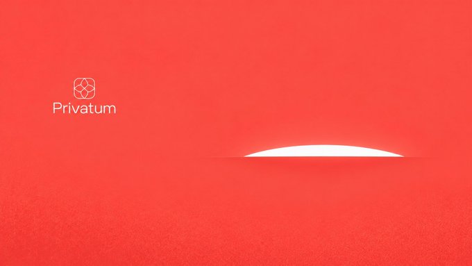 A minimalist red graphic featuring the 'Privatum' logo on the left and a glowing white semicircle on the right against a solid red background.