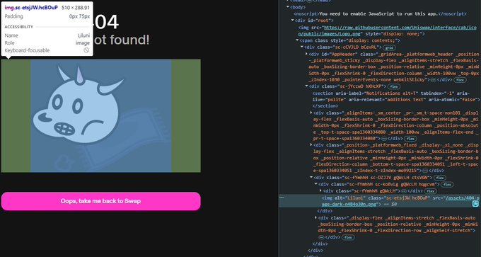 A developer inspects the source code of Uniswap's "not found" error page on app.uniswap.org/not-found, revealing in the alt text the name "Liluni" for the cute blue unicorn-like character displayed alongside the "Oops, take me back to Swap" button.