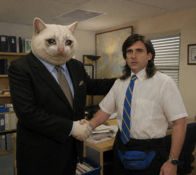 A white cat with a human body in a suit shakes hands with a man in a Dunder Mifflin office, humorously illustrating the surreal feeling of "aping" a random ticker on fomo and watching it rip, as if a bizarre corporate blessing is sealing the gamble.