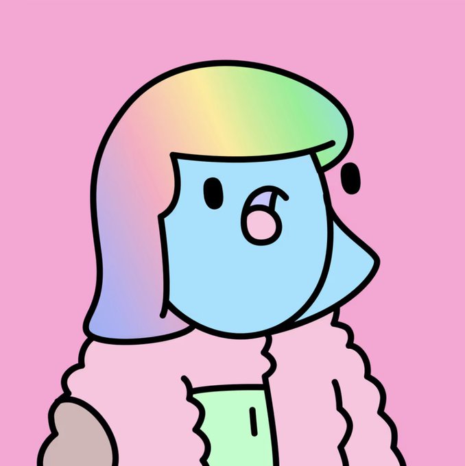 A simple digital illustration of a character with rainbow-colored hair, a blue face, and a pink fluffy jacket against a pink background.