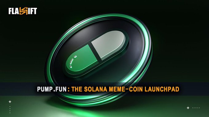 A graphic featuring a glossy green and black pill-shaped object, with text reading 'FLASHIFT' in the corner and 'PUMP.FUN: THE SOLANA MEME-COIN LAUNCHPAD' across the bottom.