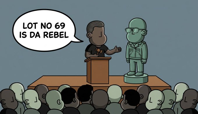 An illustration of an auctioneer announcing 'LOT NO 69 IS LA REBEL' while gesturing toward a green figurine resembling a military officer, with a crowd watching below.