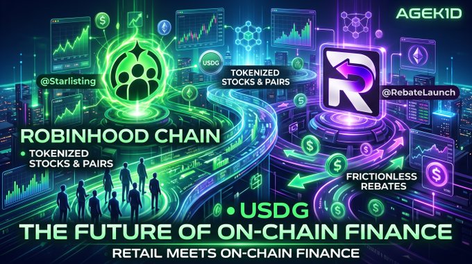 A futuristic Robinhood Chain promotional graphic reads “THE FUTURE OF ON-CHAIN FINANCE” and highlights tokenized stocks, pairs, USDG, and frictionless rebates.