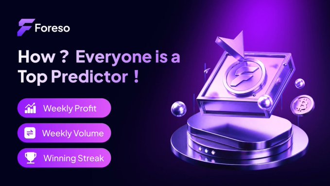 The image features a purple background with a gold trophy, which has a small arrow pointing towards it. The text above the trophy reads "How? Everyone is a top predictor!". Below this, there are three different options for weekly volume adjustments, each represented by a different color - purple, pink, and blue.