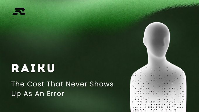 Promotional graphic for 'RAIKU' with the tagline 'The Cost That Never Shows Up As An Error' featuring a dotted white humanoid figure on a green background.