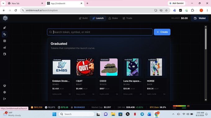 A screenshot of the Emblem Vault launch/explore page showing graduated tokens including 'EMBS' at $1.41K, '1 QURT' at $5.48K, 'COCO' at $897, 'Luna the space...' at $20.9K, and 'HORSE' at $59.1K.