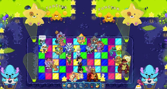 A colorful auto-battler game screen featuring pixel art characters on a checkered grid, with star-shaped characters and the word 'KANSTAR' displayed at the top.
