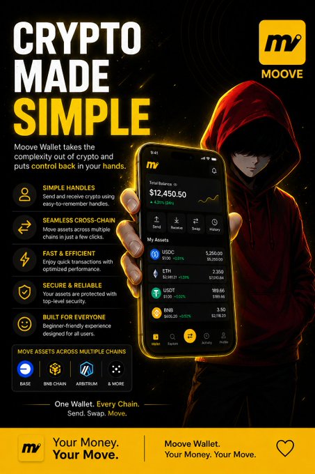 The image features an advertisement for a cryptocurrency wallet called Moove Wallet. The poster displays a person holding up their phone, which has a cryptocurrency app installed on it. The text on the poster highlights the user-friendly interface of the wallet and emphasizes its seamless multi-chain access capabilities. It also mentions that users can earn rewards by using the wallet, making it an attractive option for those interested in investing or managing their digital assets.