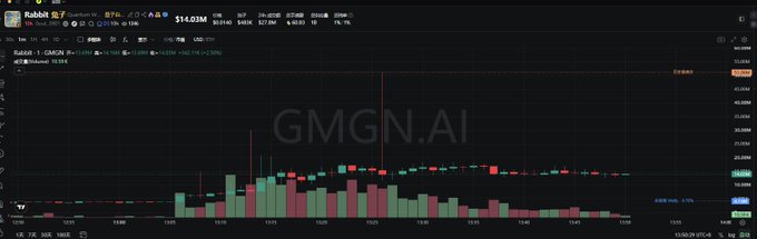 A trading chart for token 'Rabbit' showing a price of $14.03M on the GMGN.AI platform, with candlestick data displayed across 1D timeframe.