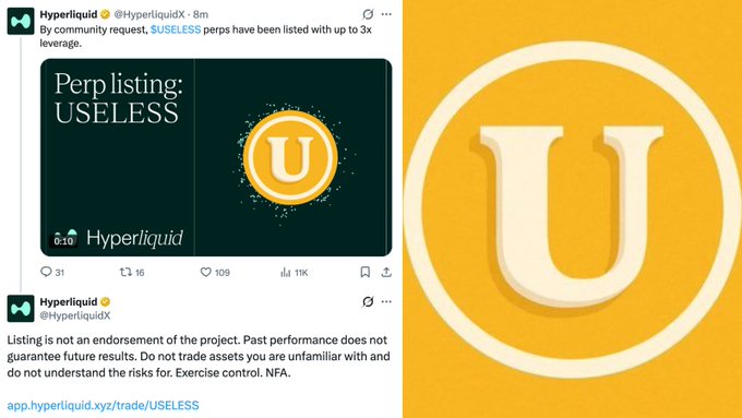 Two tweets from HyperliquidX announcing the perpetual listing of $USELESS meme coin on their platform, shown alongside a large 'U' logo.