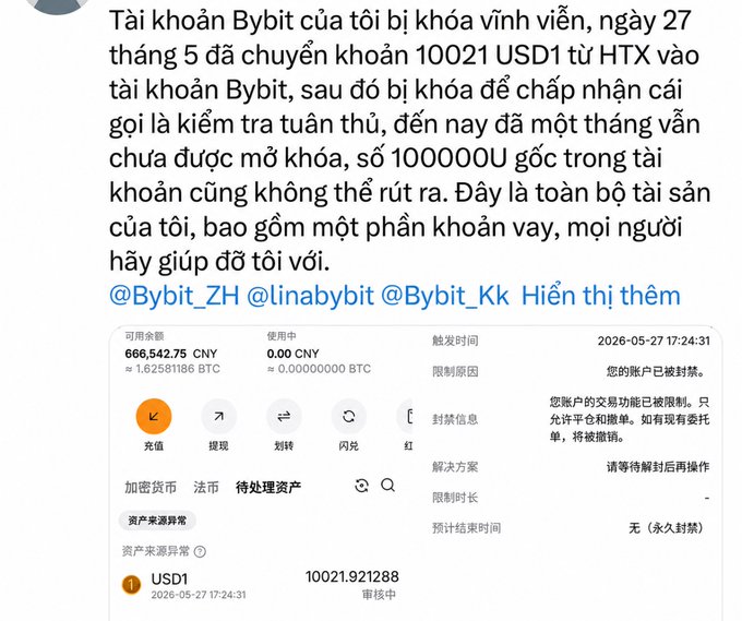 A screenshot of a Chinese-language social media post shows a user complaining that their Bybit account was permanently frozen (永久封禁) on May 27, 2026, after transferring 10,021 USD1 from HTX, with the screenshot displaying their account's restriction status ("您的账户已被封禁") and the funds listed as "审核中" (under review), illustrating the "exchange-to-exchange" lockout issue described in the caption.