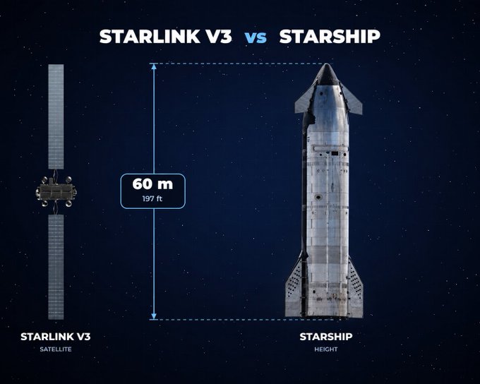 A comparison graphic showing the SpaceX Starlink V3 satellite next to the Starship rocket, highlighting a 60 m / 197 ft height difference against a dark starry background.