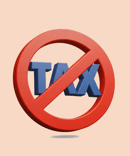 A red prohibition sign overlays the word "TAX" in bold blue 3D letters, visually representing the delay of Illinois's proposed 0.2% tax on Bitcoin and crypto transactions.