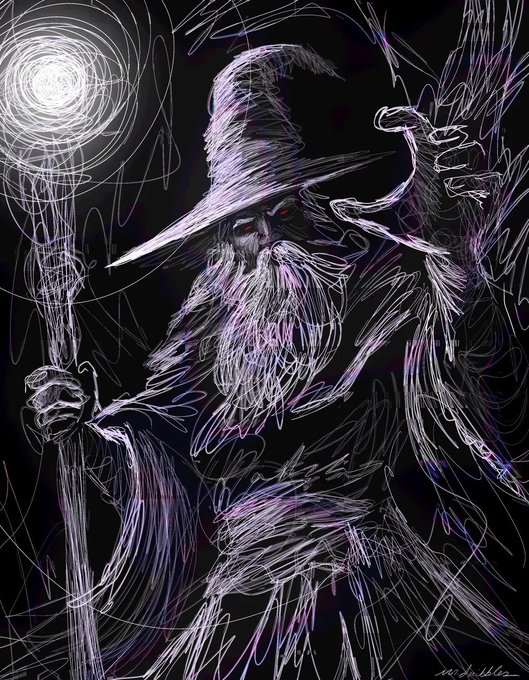 A digital sketch of a wizard with a long beard, pointed hat, and staff, featuring red eyes and rendered with glowing, chaotic lines.