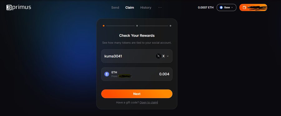 Primus crypto rewards page in a dark dashboard, showing a “Check Your Rewards” panel for social account “kuma3041” with 0.004 ETH and an orange “Next” button.