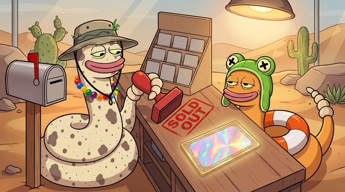 A snake wearing a safari hat stamps "SOLD OUT" on a counter next to a "Slippy Club" character in a frog hat, with an iridescent NFT display and a "SOLD OUT" sign visible, illustrating the post's announcement that the NFT presale for $SLIPPY holders has already sold out.