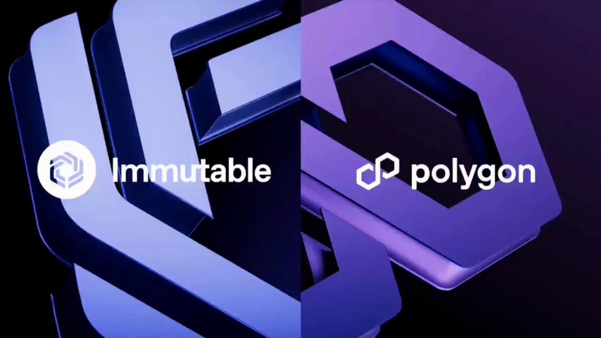 The image features a logo for Immutable, which has a purple hexagon and a white triangle. The text "Immutable" is written below the hexagon, while the word "Polygon" is written above the triangle. The background of the image is black, making the colors of the logo stand out more prominently.