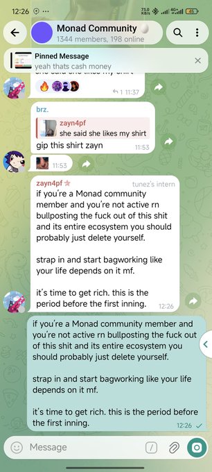 A screenshot of the Telegram group "Monad Community" (1,344 members, 198 online) showing a pinned message and a controversial post by user "zayn4pf" urging members to actively promote the Monad ecosystem, with the same message repeated in the text composition box below.