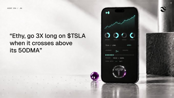 A promotional image for "AGENT ERA / 05" showing a smartphone displaying a trading interface with the text "Ethy, go 3X long on $TSLA when it crosses above its 50DMA".