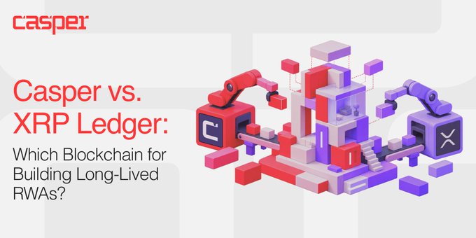 A graphic titled 'Casper vs. XRP Ledger: Which Blockchain for Building Long-Lived RWAs?' featuring a Casper logo and 3D isometric illustrations of robotic arms assembling pink and purple blockchain blocks.