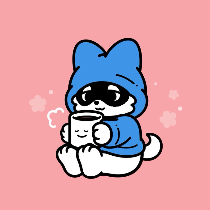 A cute cartoon illustration of a small white character wearing a blue hoodie with cat ears, holding a smiling mug of coffee against a pink background with cherry blossom decorations.