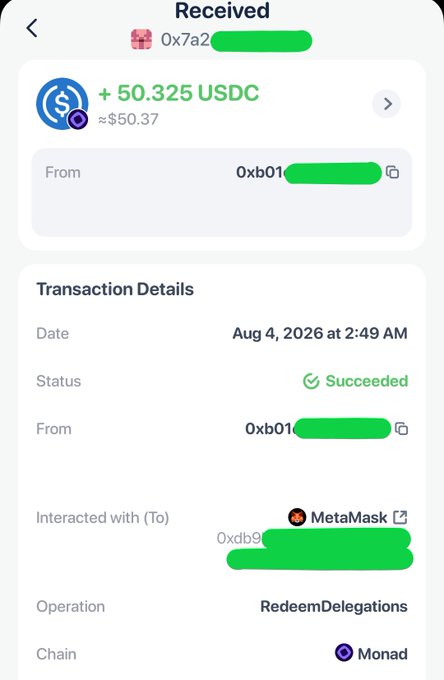 A MetaMask wallet receipt showing a successful received transaction of +50.325 USDC (≈$50.37) on Aug 4, 2026 at 2:49 AM, via a 'RedeemDelegations' operation on the Monad blockchain.