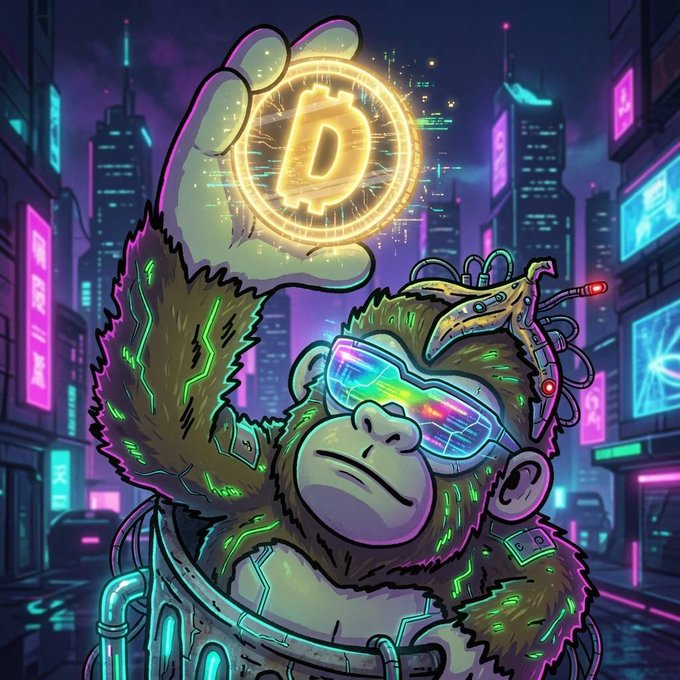 A cyberpunk-style digital illustration depicts a futuristic gorilla wearing rainbow visor goggles and mechanical implants, holding up a glowing golden Bitcoin coin in a neon cityscape.
