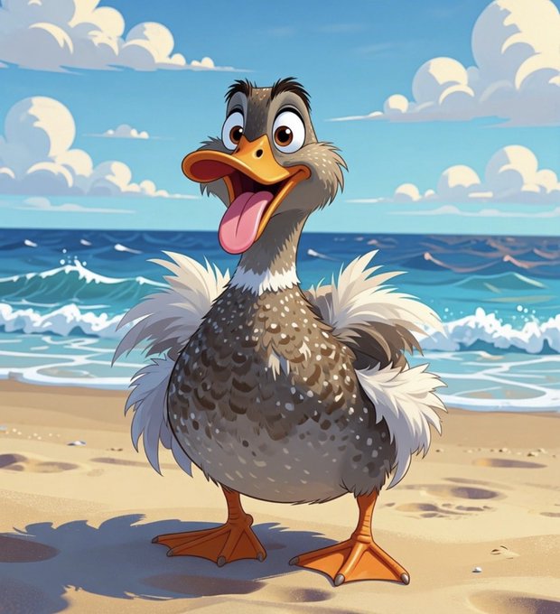 The image features a cartoon duck standing on a sandy beach, with its beak open wide as if it's making a funny face or greeting someone. The background of the image shows an ocean view with waves crashing onto the shoreline. There is also text in the image that reads "I guess I just need to keep quacking Take my own advice lol Quack quack @wallchain".