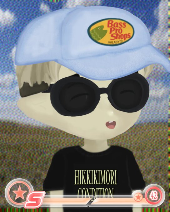 A cartoon avatar with oversized sunglasses and a light blue "Bass Pro Shops" cap wears a black t-shirt reading "HIKKIKOMORI CONDITION," with the number "42" displayed in the bottom right corner—likely referencing the referenced Milady NFT collection that sparked the user's blocking drama.