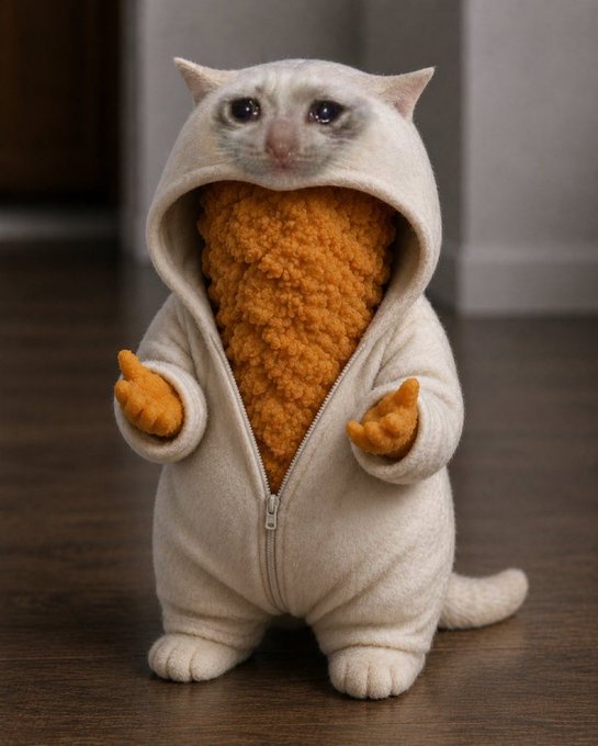 A small white cat with a sad expression peers out from the hood of a cream-colored fuzzy onesie worn by what appears to be an orange stuffed animal.