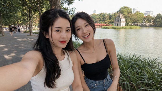 The image features two young women posing together with smiles on their faces while taking a selfie using a smartphone camera. They are both wearing black tops, one of them also has blue jeans on. The background includes a body of water, trees, and buildings in the distance, creating an outdoor setting for this photo session.