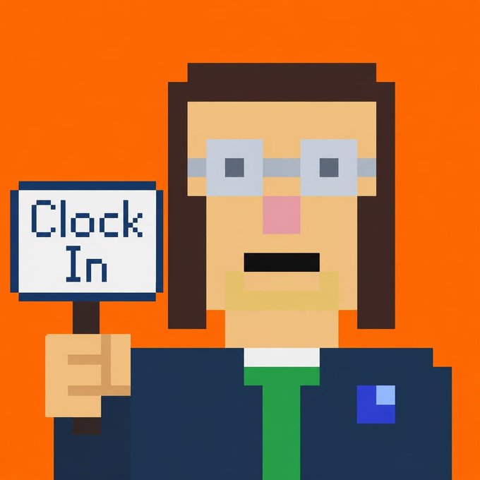 Pixel art of a person with dark hair, square glasses, a pink nose, and a blue jacket over a green shirt, holding a sign that reads "Clock In" against an orange background.
