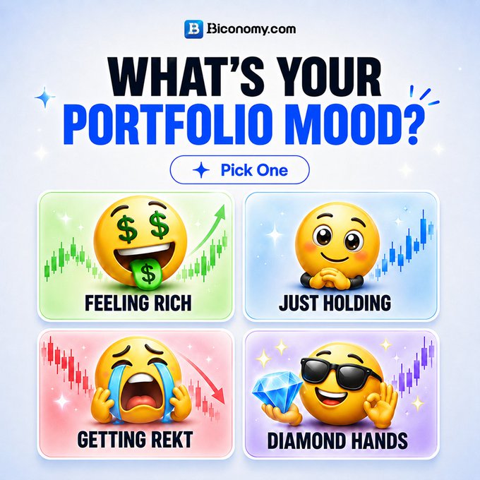 A promotional graphic from Biconomy.com titled "What's Your Portfolio Mood?" asks users to pick one of four emoji options—"Feeling Rich," "Just Holding," "Getting Rekt," or "Diamond Hands"—each paired with candlestick charts to reflect different crypto trading emotions as part of a giveaway contest.