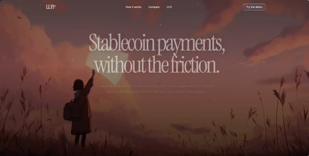 The image shows a person standing in front of a field with tall grass, holding a kite high above their head. The sky behind them has pink clouds, creating a beautiful backdrop for the scene. In the top right corner of the image, there is text that reads "Stablecoin payments, without the friction". This text seems to be related to the main image or the post itself, as it is positioned in such a way that it appears to be directly connected to the person and the field with tall grass.